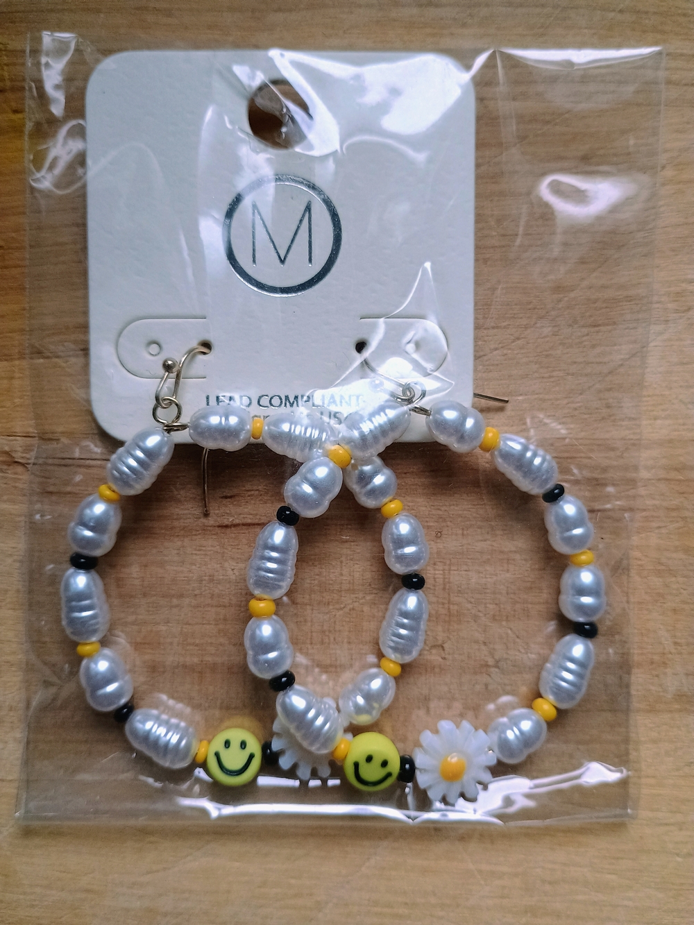 Beaded Hoop Earrings with Yellow Smile and Daisy Accents -